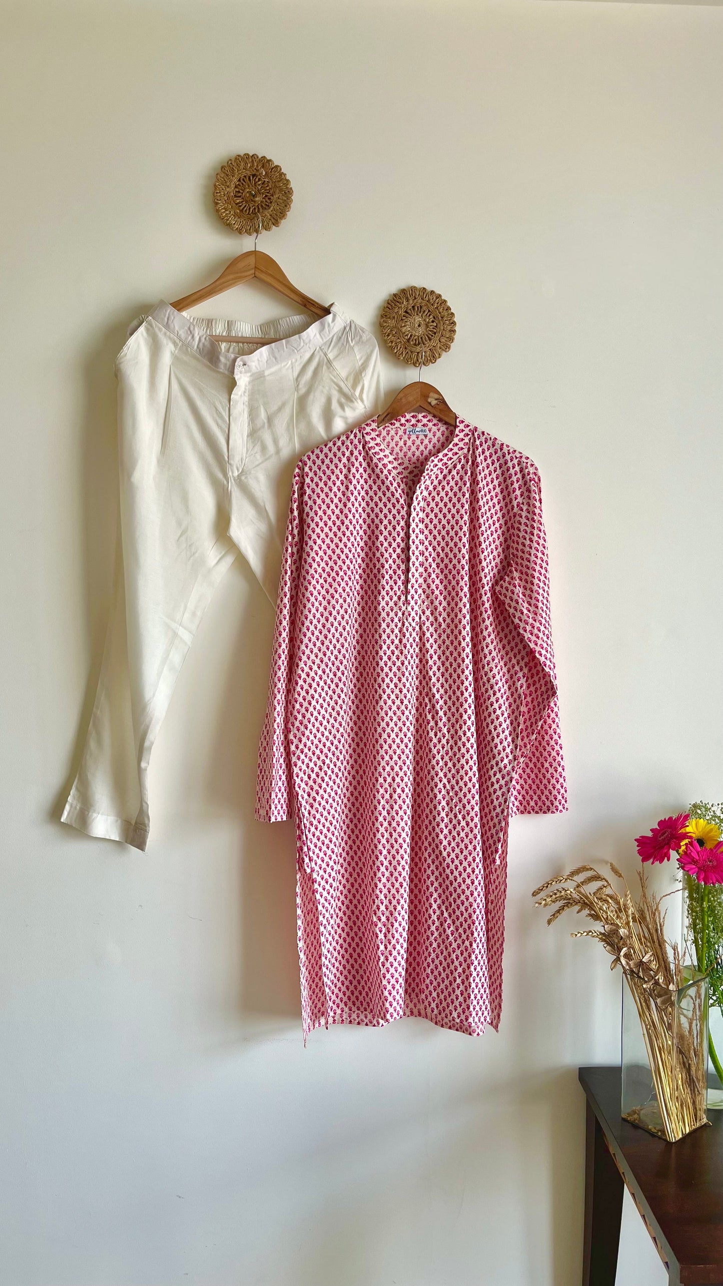 Pink Motif Kurta - L