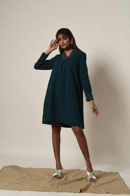 Veronica Green Cotton Dress with Pearls