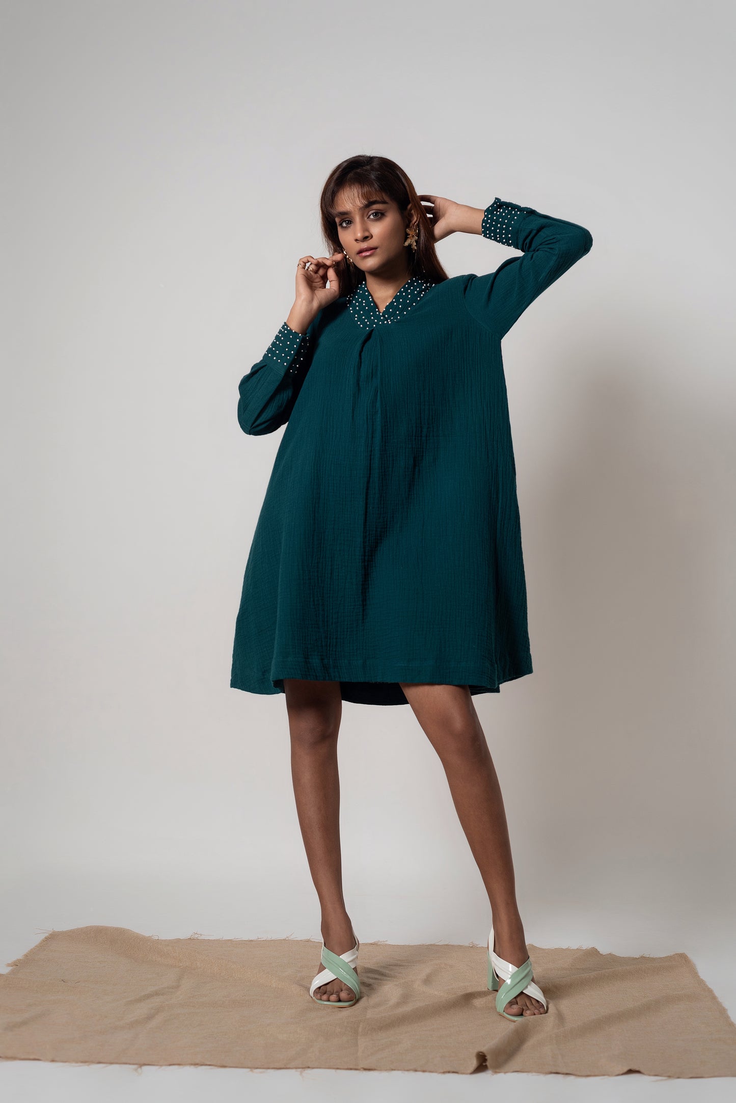 Veronica Green Cotton Dress with Pearls